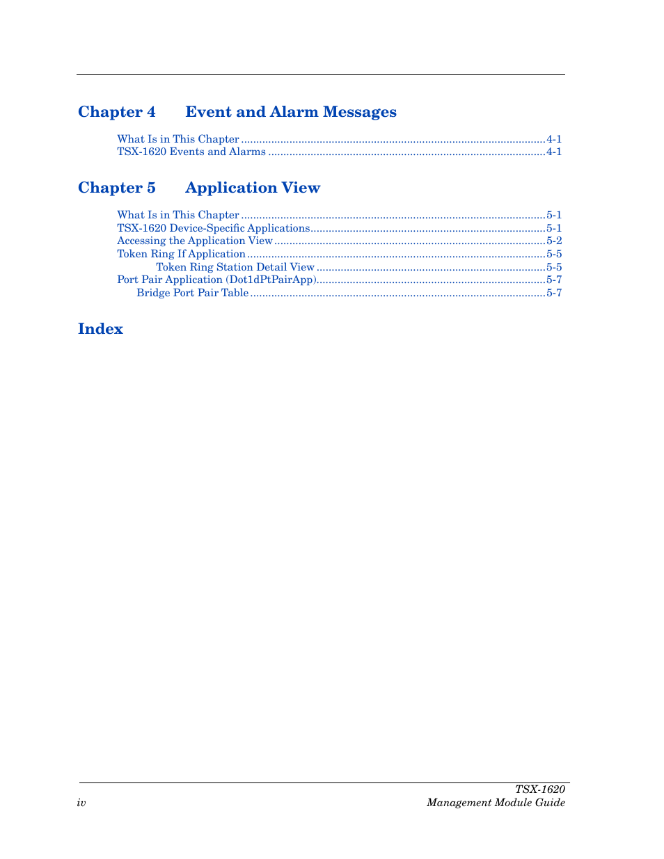 Chapter 4 event and alarm messages, Chapter 5 application view, Index | Cabletron Systems TSX-1620 User Manual | Page 5 / 46