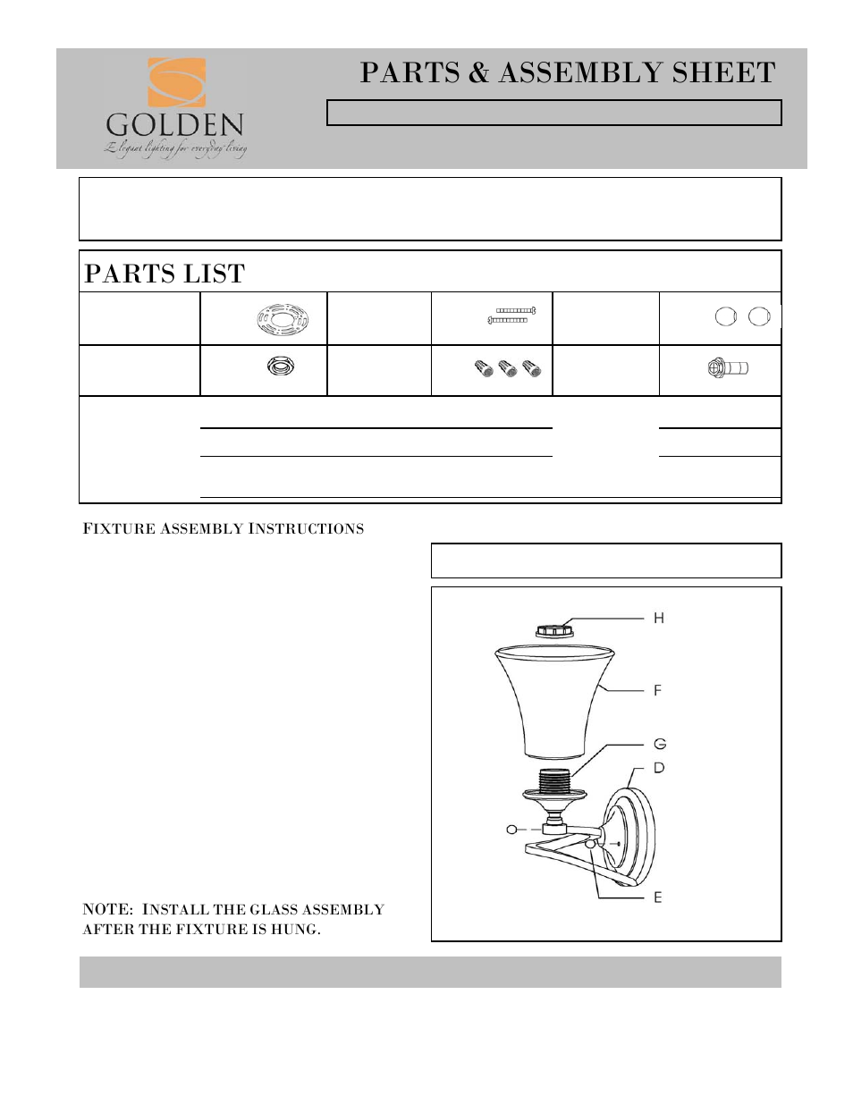 Parts & assembly sheet, Parts list | Golden Lighting 4002-1W RSB User Manual | Page 2 / 2