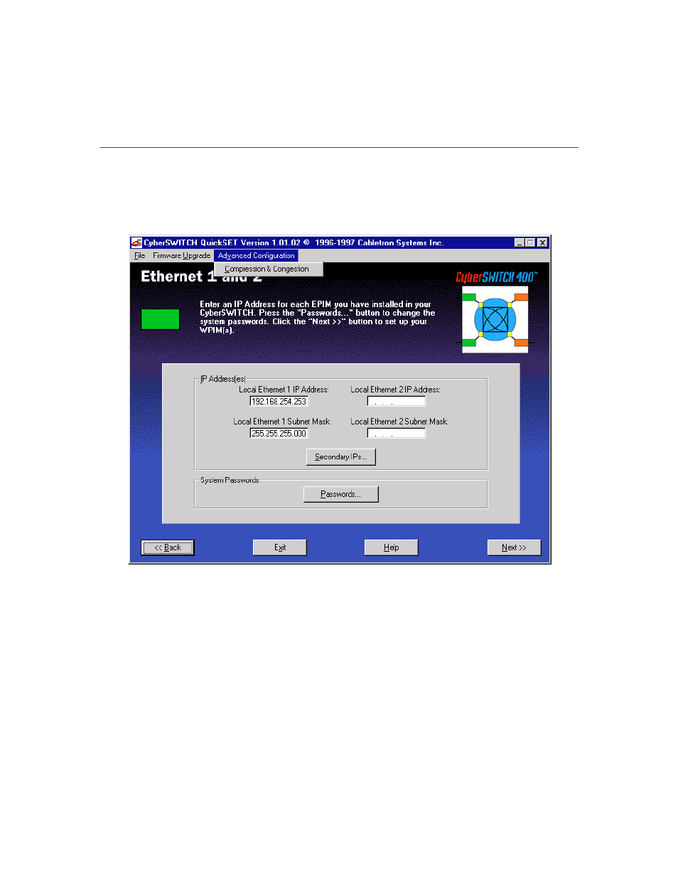 Advanced configuration menu | Cabletron Systems Cabletron CyberSWITCH CSX400 User Manual | Page 136 / 275