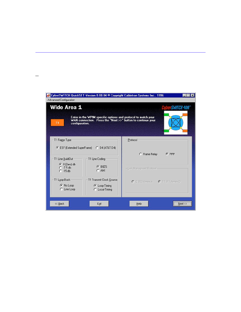 Wide area t1 configuration window | Cabletron Systems Cabletron CyberSWITCH CSX400 User Manual | Page 94 / 275