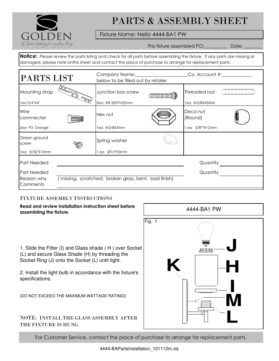 Golden Lighting 4444-BA1 PW User Manual | 2 pages