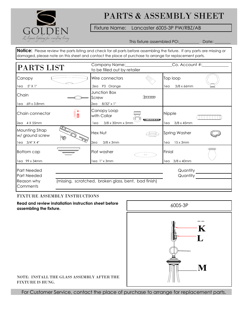 Golden Lighting 6005-3P RBZ User Manual | 3 pages