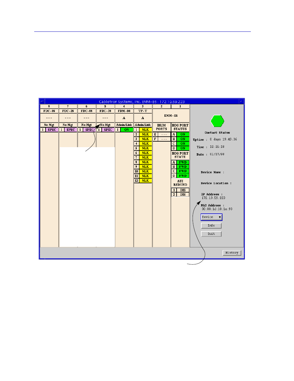 Navigating through the hub view, Hub view front panel | Cabletron Systems EMM-E6 User Manual | Page 18 / 118