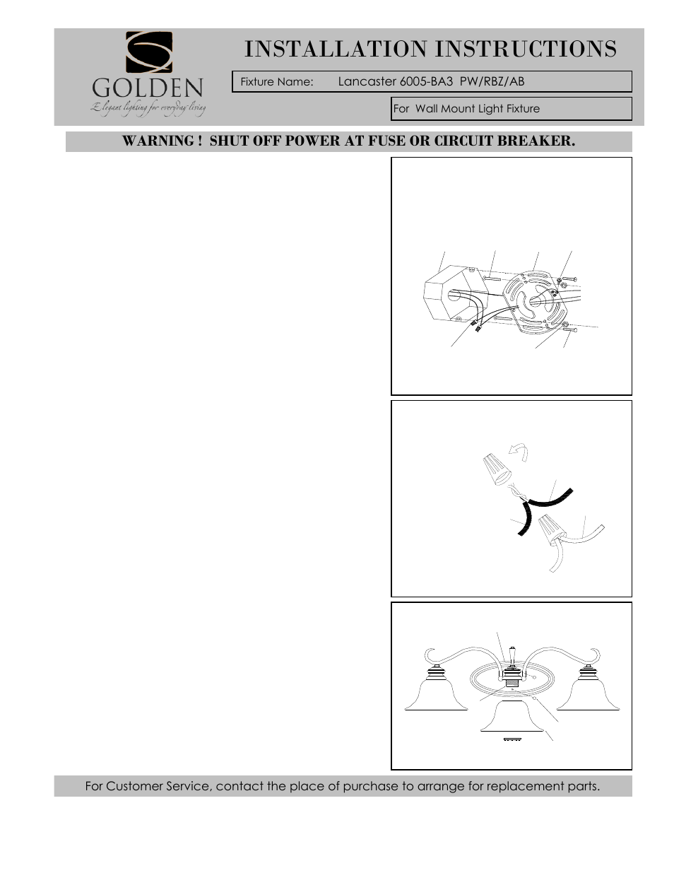 Installation instructions, Ki l h j | Golden Lighting 6005-BA3 RBZ User Manual | Page 2 / 2