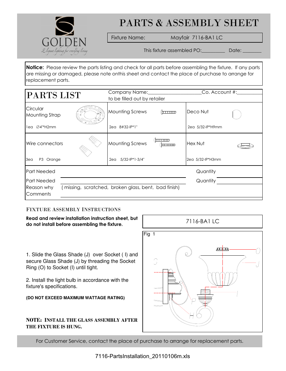 Golden Lighting 7116-1W LC User Manual | 2 pages