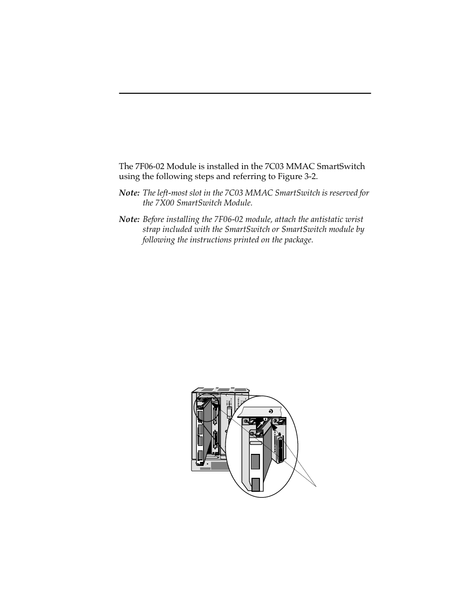 3 installing/removing the 7f06-02 module, 1 installing in the 7c03 smartswitch, Installing/removing the 7f06-02 module -3 3.3.1 | Installing in the 7c03 smartswitch -3 | Cabletron Systems FDDI User Manual | Page 21 / 32