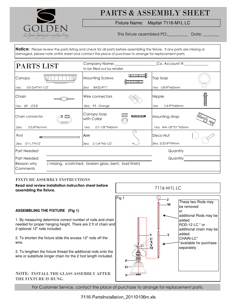 Golden Lighting 7116-M1L LC User Manual | 3 pages