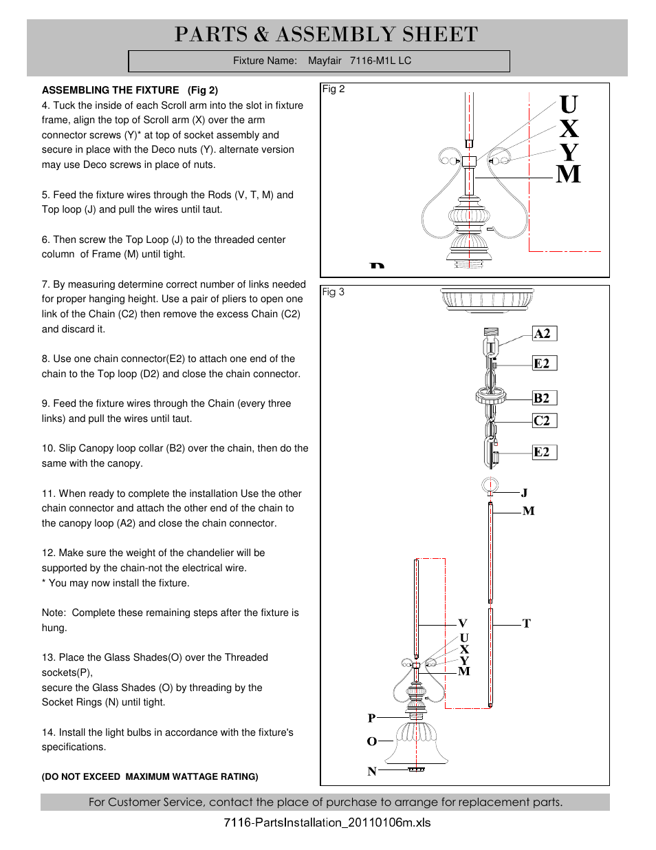 Parts & assembly sheet | Golden Lighting 7116-M1L LC User Manual | Page 2 / 3