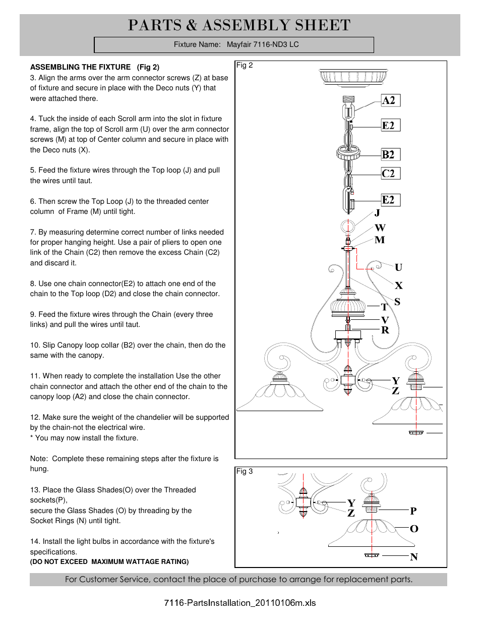 Parts & assembly sheet | Golden Lighting 7116-ND3 LC User Manual | Page 2 / 3