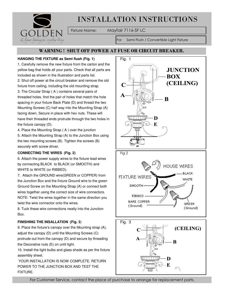 7116-sf installation, Installation instructions | Golden Lighting 7116-SF LC User Manual | Page 3 / 4