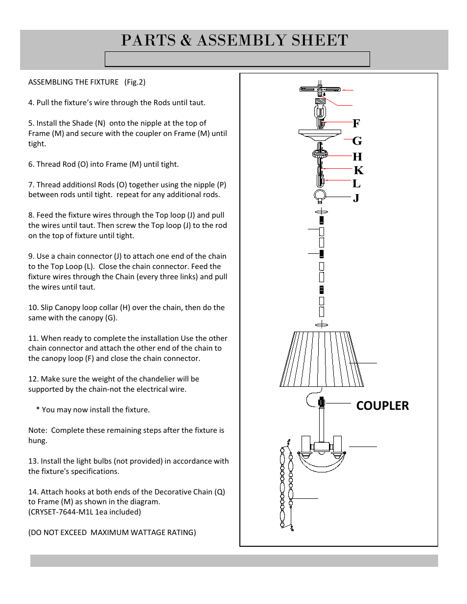 Qn m o p, Parts & assembly sheet, Couping | Coupler | Golden Lighting 7644-M1L GA User Manual | Page 2 / 3