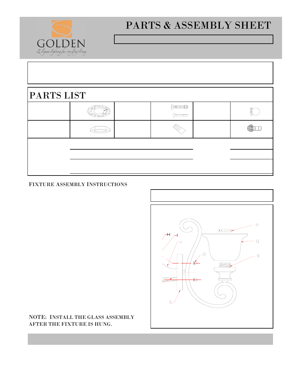 Parts & assembly sheet, Parts list | Golden Lighting 8063-1W BUS User Manual | Page 2 / 2