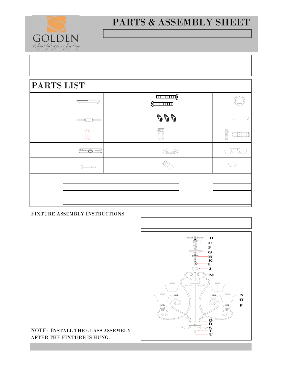 Parts & assembly sheet, Parts list | Golden Lighting 8063-9 BUS User Manual | Page 2 / 3
