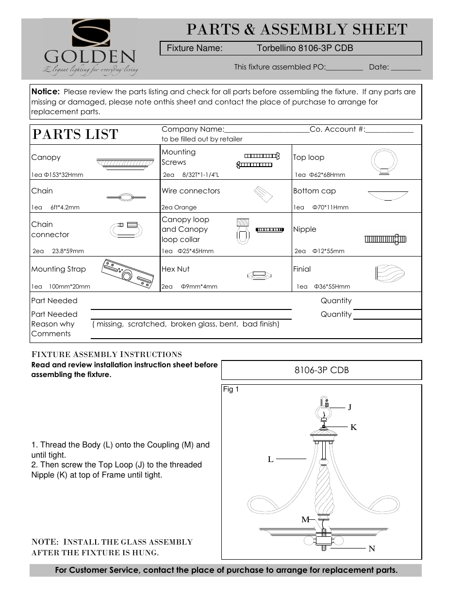 Golden Lighting 8106-3P CDB User Manual | 3 pages