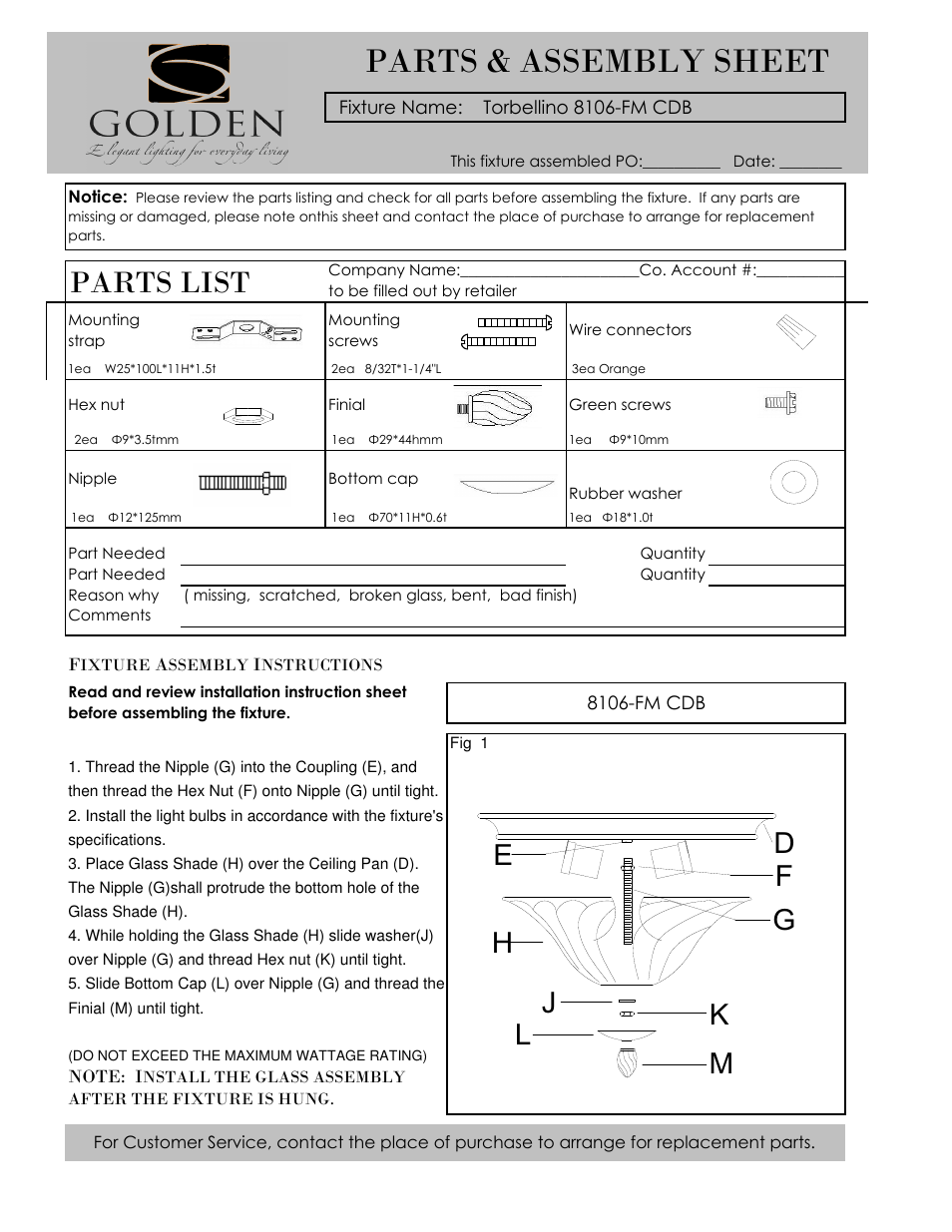 Golden Lighting 8106-FM CDB User Manual | 2 pages
