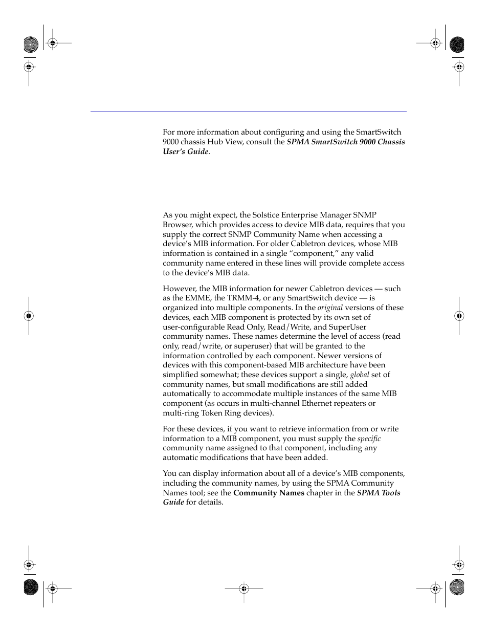 A few words about mib components, And community names -11 | Cabletron Systems Network Router User Manual | Page 51 / 100