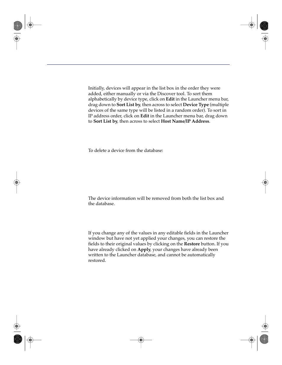 Sorting the devices listed in the database, Deleting devices from the database, Using the restore button | E information, see, Sorting, The devices listed in the database | Cabletron Systems Network Router User Manual | Page 78 / 100