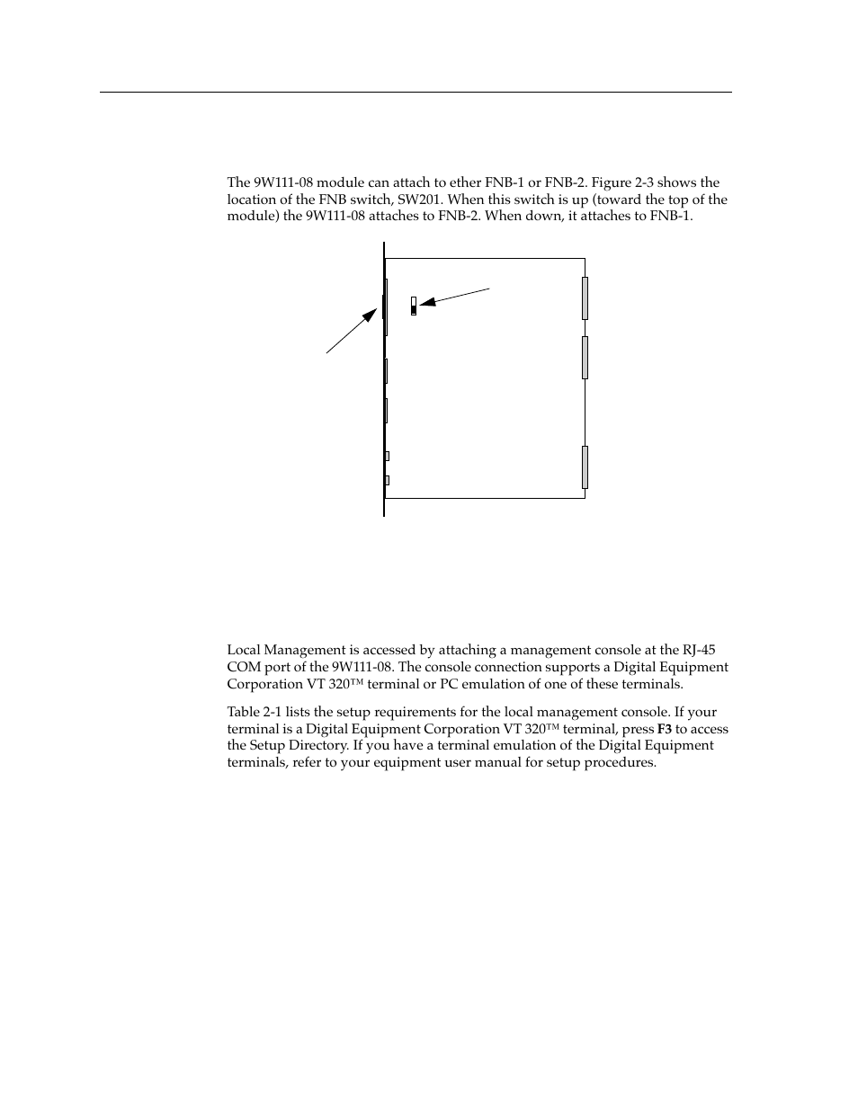 Setting the fnb switch, Local management console | Cabletron Systems 9W111-08 User Manual | Page 16 / 28
