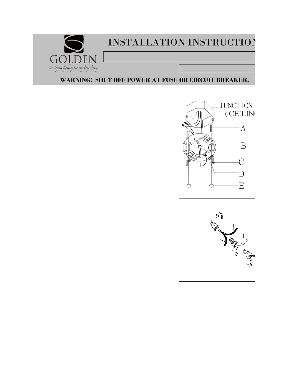 8201-sf(b)blk-slv, Installation instruction, Warning! shut off power at fuse or circuit breaker | Golden Lighting 8201-SF SLV User Manual | Page 3 / 7