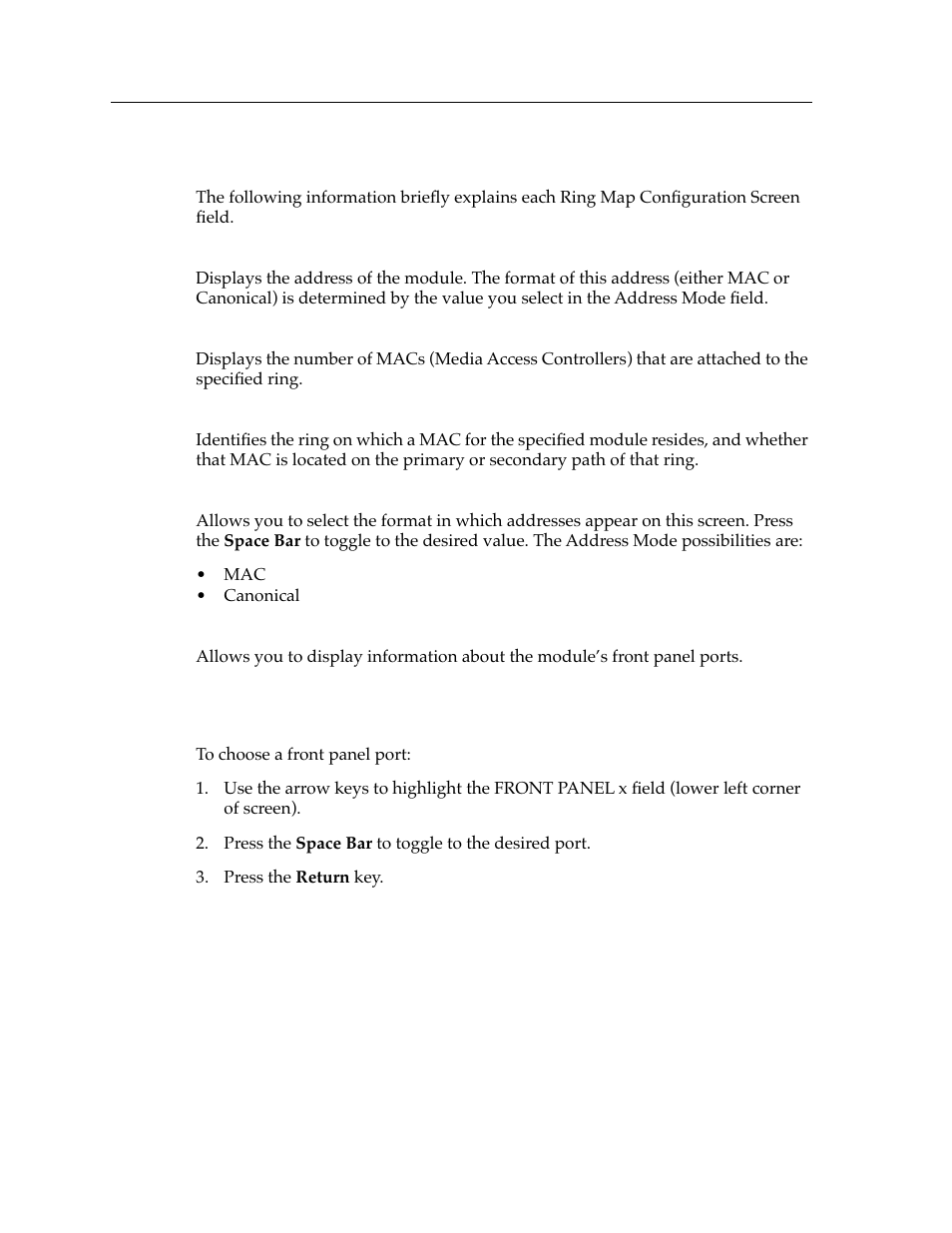 Ring map configuration screen fields, Choosing a front panel port | Cabletron Systems 9F426-03 User Manual | Page 6 / 14