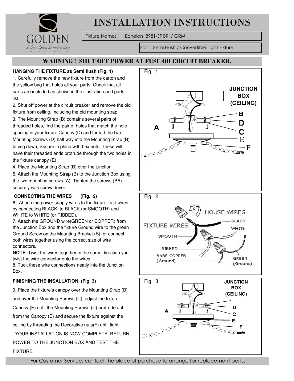 Installation instructions | Golden Lighting 8981-SF GRM User Manual | Page 3 / 6