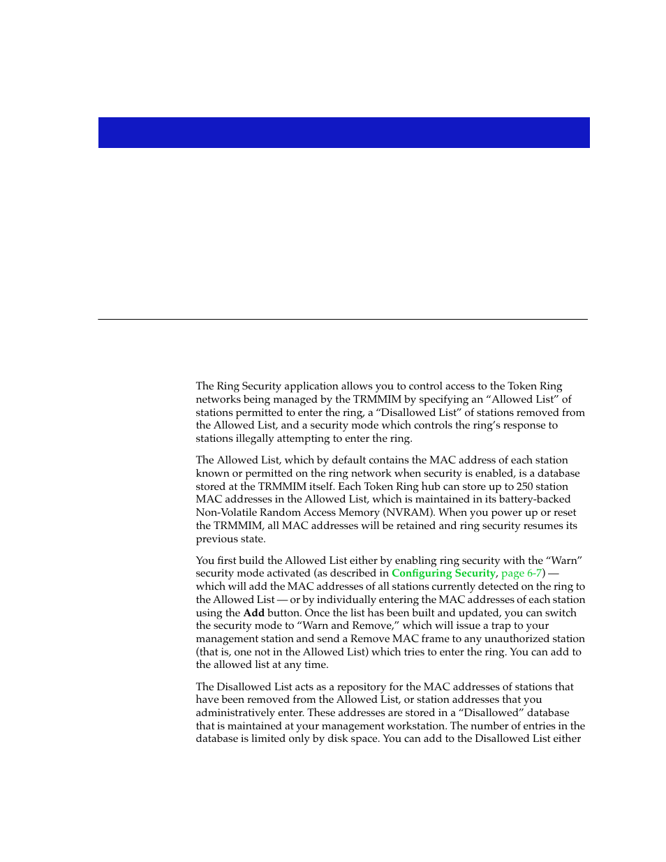 Ring security configuration, About ring security, Chapter 6 | About ring security -1 | Cabletron Systems SPECTRUM TRMMIM User Manual | Page 103 / 120