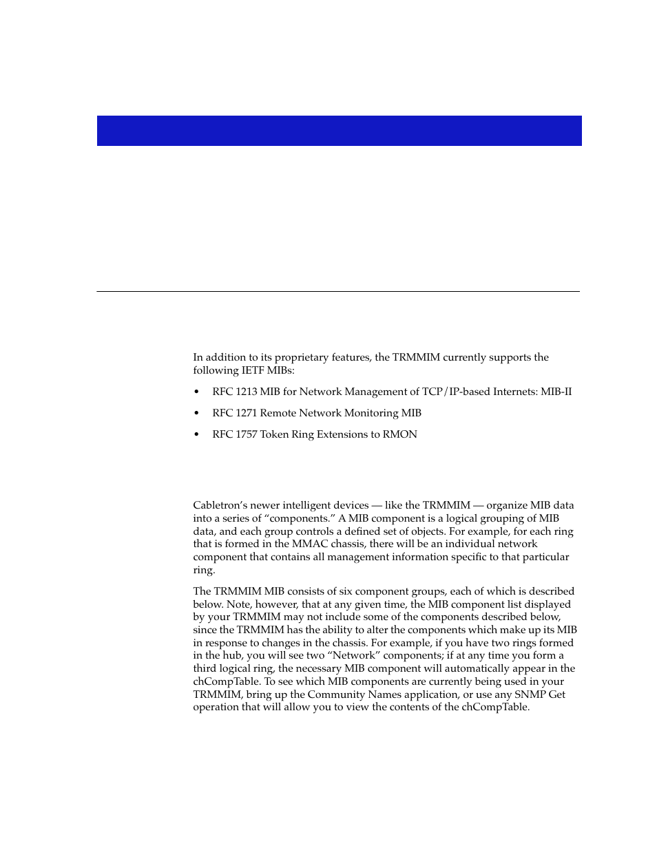 Trmmim mib structure, Ietf mib support, Appendix a trmmim mib structure | Appendix a | Cabletron Systems SPECTRUM TRMMIM User Manual | Page 113 / 120