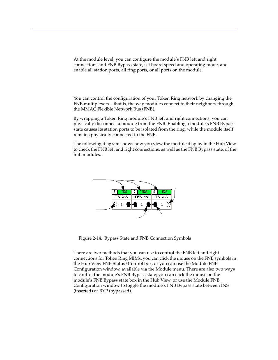 Managing the hub at the module level, Controlling token ring fnb multiplexer connections, Managing the hub at the module level -28 | Bypass state, see, Ol symbols, see, Controlling token ring fnb, Multiplexer connections | Cabletron Systems SPECTRUM TRMMIM User Manual | Page 44 / 120