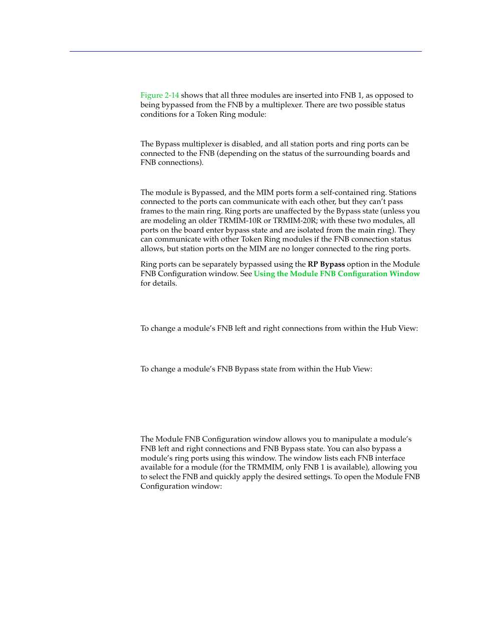 Fnb bypass states, Manipulating the fnb in the hub view, Using the module fnb configuration window | Cabletron Systems SPECTRUM TRMMIM User Manual | Page 45 / 120