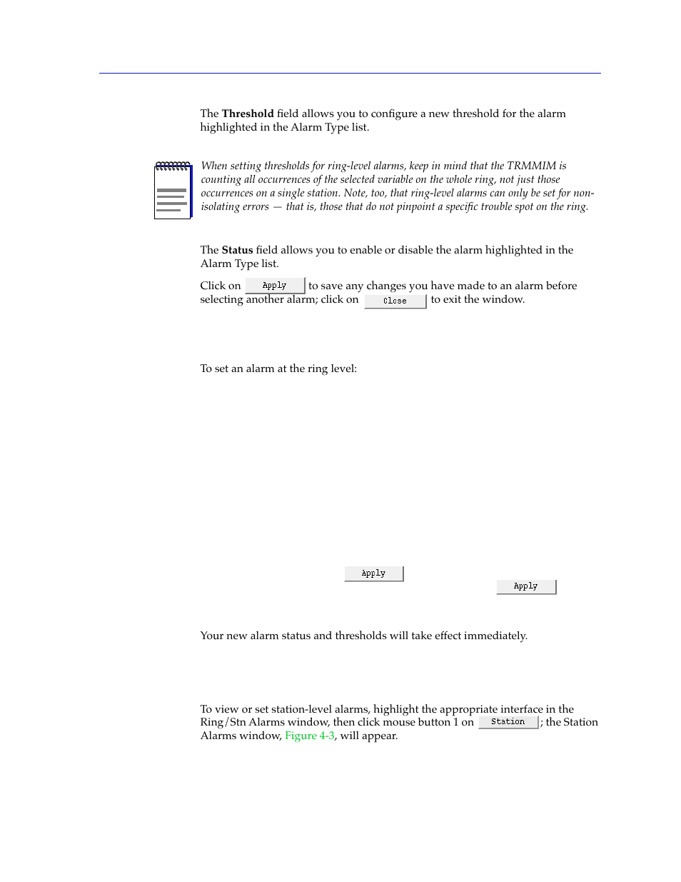 Setting a ring level alarm, Setting and viewing station alarms, Setting a ring level alarm -5 | Setting and viewing station alarms -5 | Cabletron Systems SPECTRUM TRMMIM User Manual | Page 85 / 120