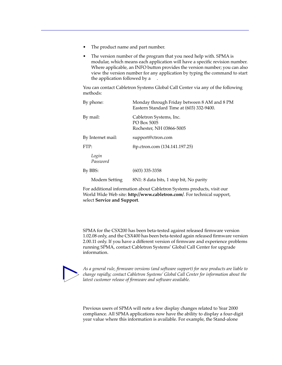 Csx200 and csx400 firmware, Year 2000 compliance, Csx200 and csx400 firmware -7 | Year 2000 compliance -7 | Cabletron Systems CSX400 User Manual | Page 13 / 101