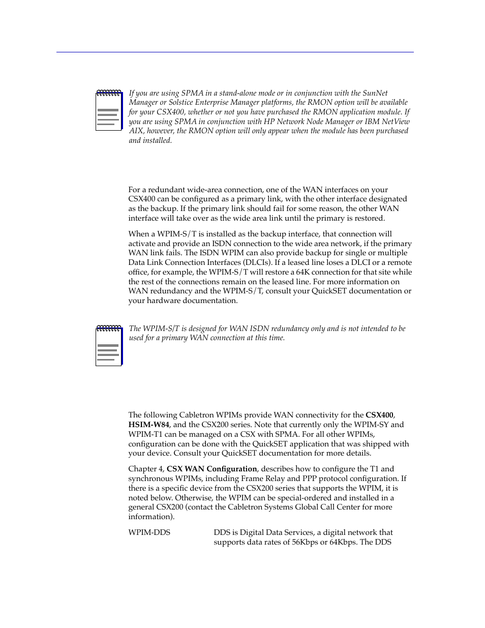 Wan redundancy, Csx wpims, Wan redundancy -4 | Csx wpims -4, For a description of the wpim modules that ar | Cabletron Systems CSX400 User Manual | Page 18 / 101