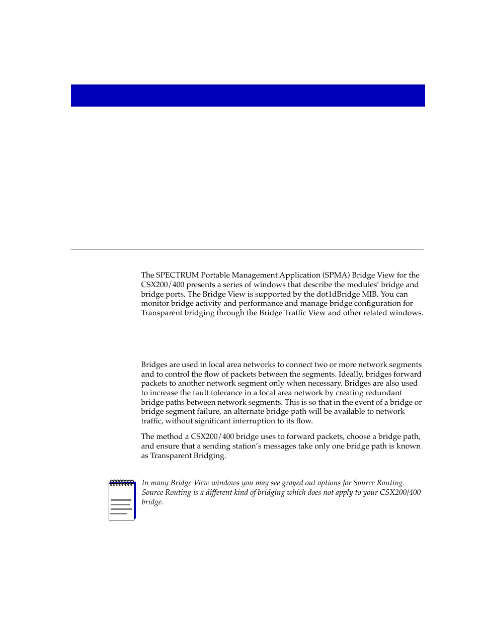 Csx bridge view, Bridging basics, Chapter 3 | Bridging basics -1 | Cabletron Systems CSX400 User Manual | Page 21 / 101