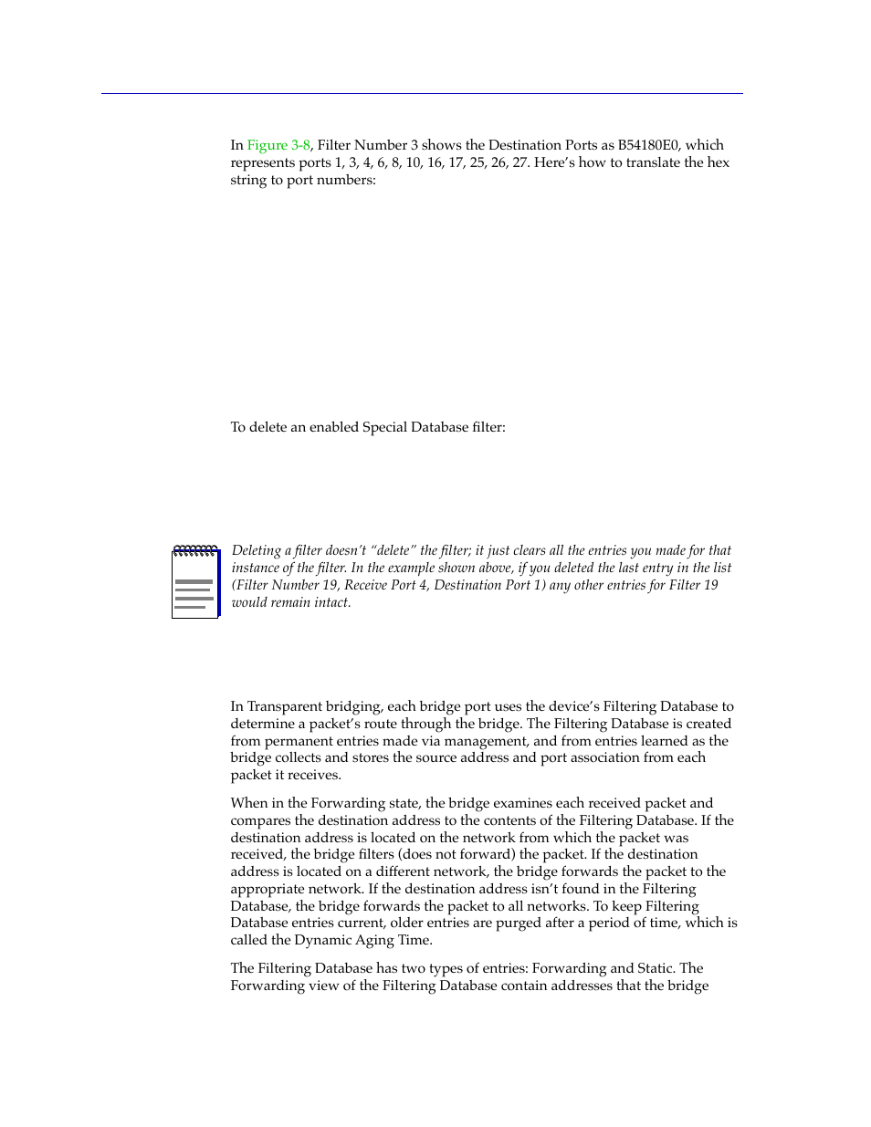 Deleting special database filters, The filtering database window, Deleting special database filters -20 | The filtering database window -20 | Cabletron Systems CSX400 User Manual | Page 40 / 101