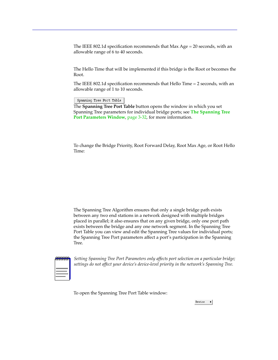 Changing spanning tree parameters, The spanning tree port parameters window, Changing spanning tree parameters -32 | The spanning tree port parameters window -32 | Cabletron Systems CSX400 User Manual | Page 52 / 101
