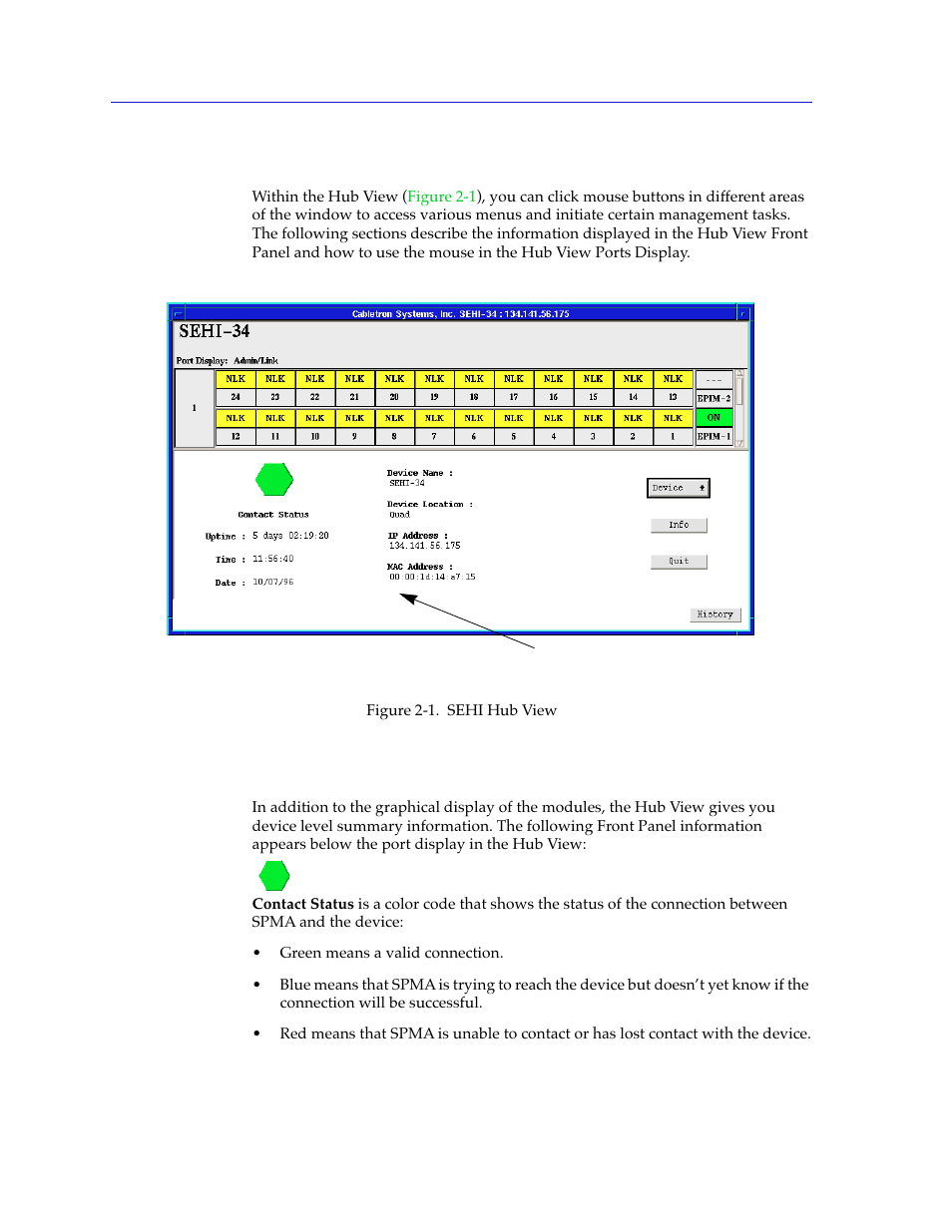 Navigating through the hub view, Hub view front panel | Cabletron Systems SEHI-22/24 User Manual | Page 16 / 90