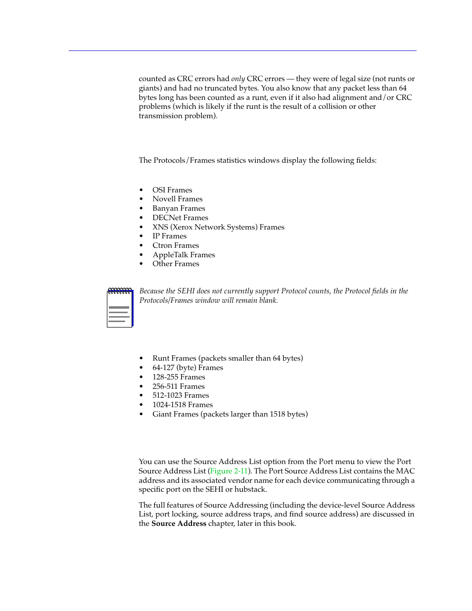 Protocols/frames statistics, Viewing the port source address list, Protocols/frames statistics -19 | Viewing the port source address list -19 | Cabletron Systems SEHI-22/24 User Manual | Page 33 / 90