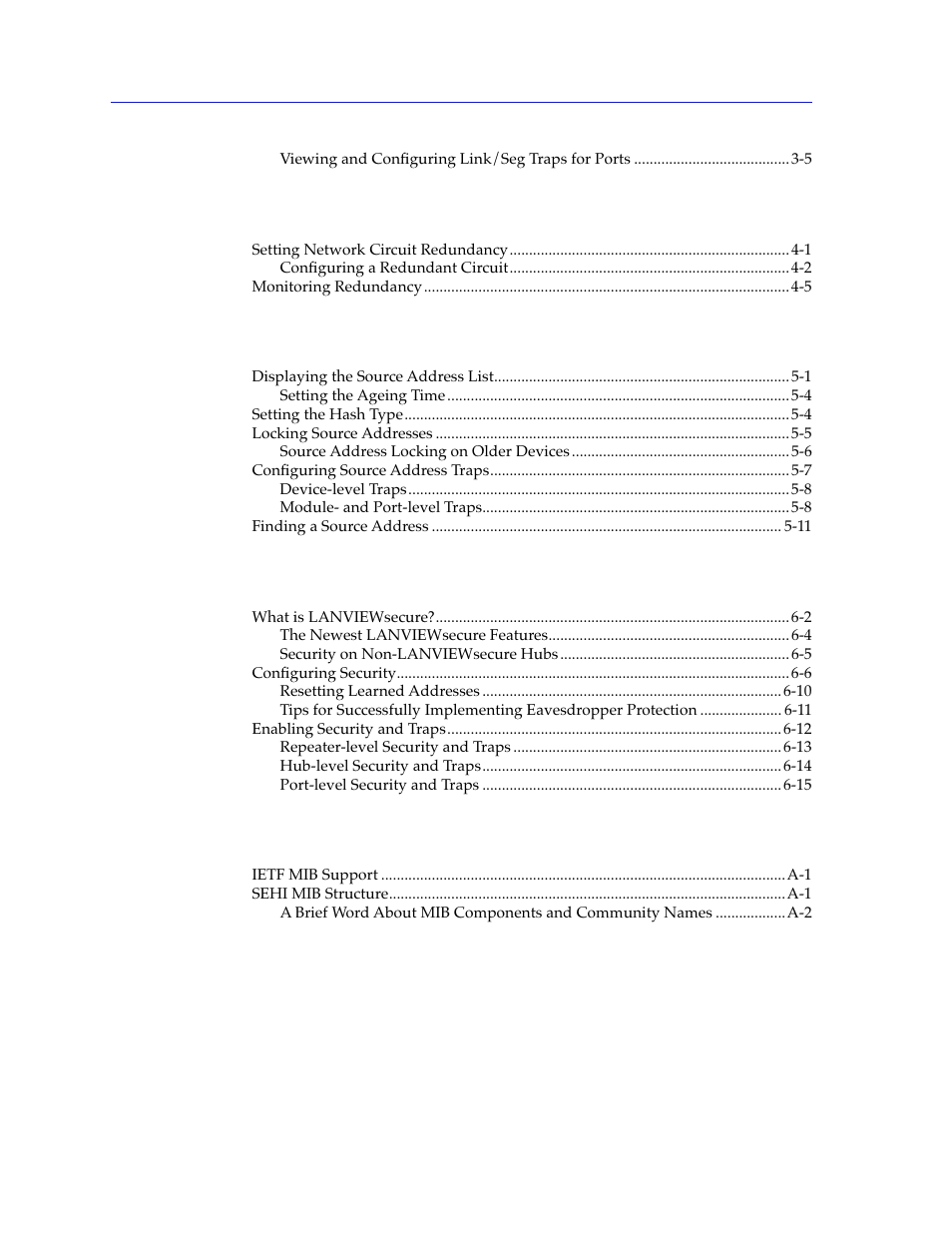 Chapter 4 repeater redundancy, Chapter 5 source addressing, Chapter 6 security | Appendix a sehi mib structure, Index | Cabletron Systems SEHI-22/24 User Manual | Page 6 / 90