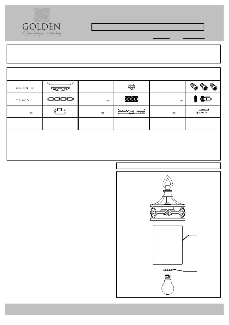 Parts & assembly sheet, Parts list, Fixture assembly instructions | Golden Lighting 6390-M1L WG User Manual | Page 2 / 2