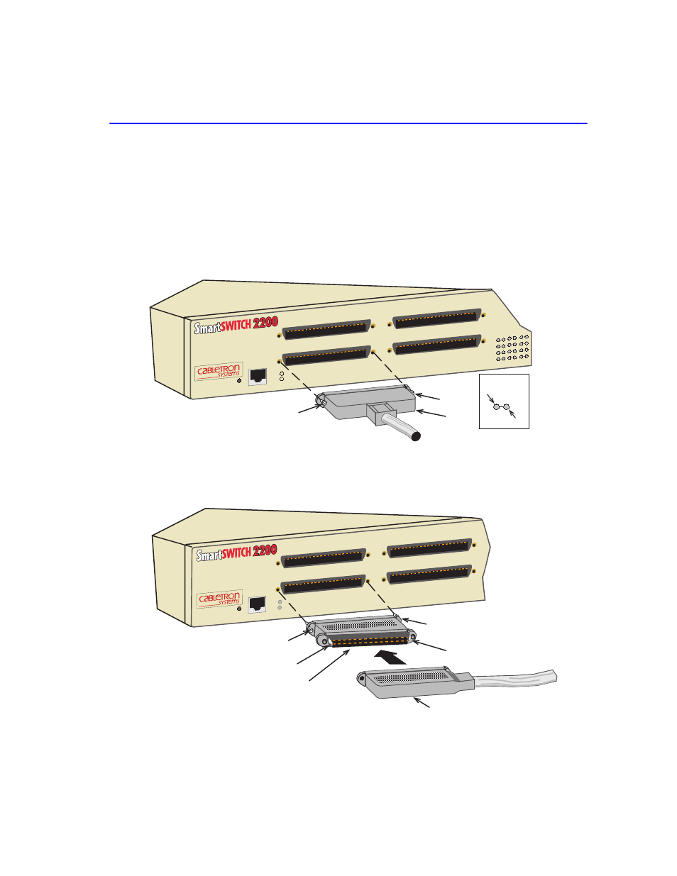 Straight cable connection -9, Connection using the rj21 angle adapter -9, Connecting to the network installation 3-9 | Figure 3-6, Figure 3-7 connection using the rj21 angle adapter, Straight cable connection, Rj21 screw screw, Rj21 angle adapter, Screw, Screw clip clip rj21 right-angled connector | Cabletron Systems 2200 User Manual | Page 39 / 64