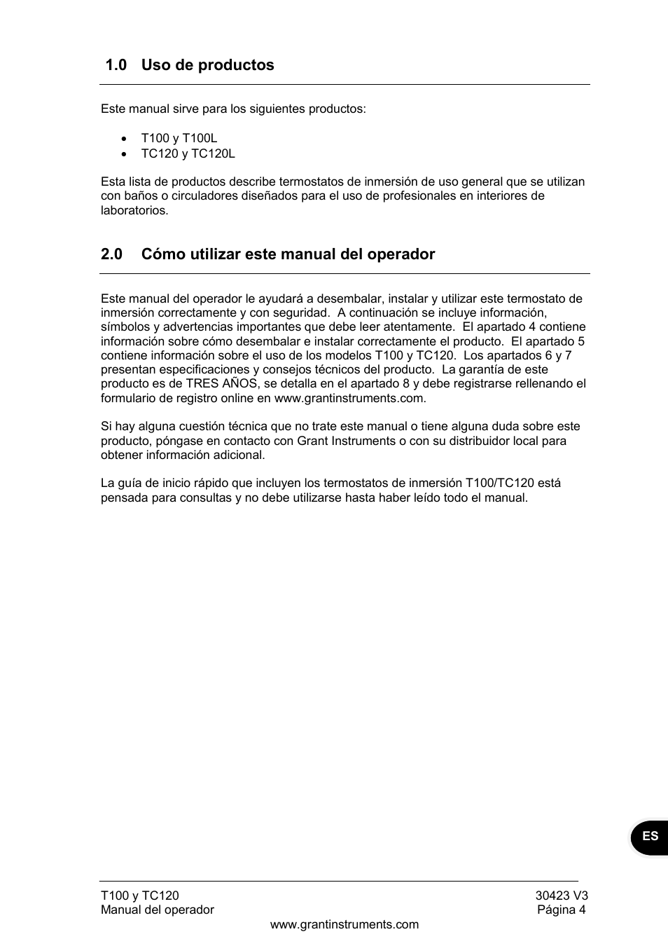 Uso de productos, Cómo utilizar este manual del operador, 0 uso de productos | 0 cómo utilizar este manual del operador | Grant Instruments TC120 Operating Manual User Manual | Page 101 / 124