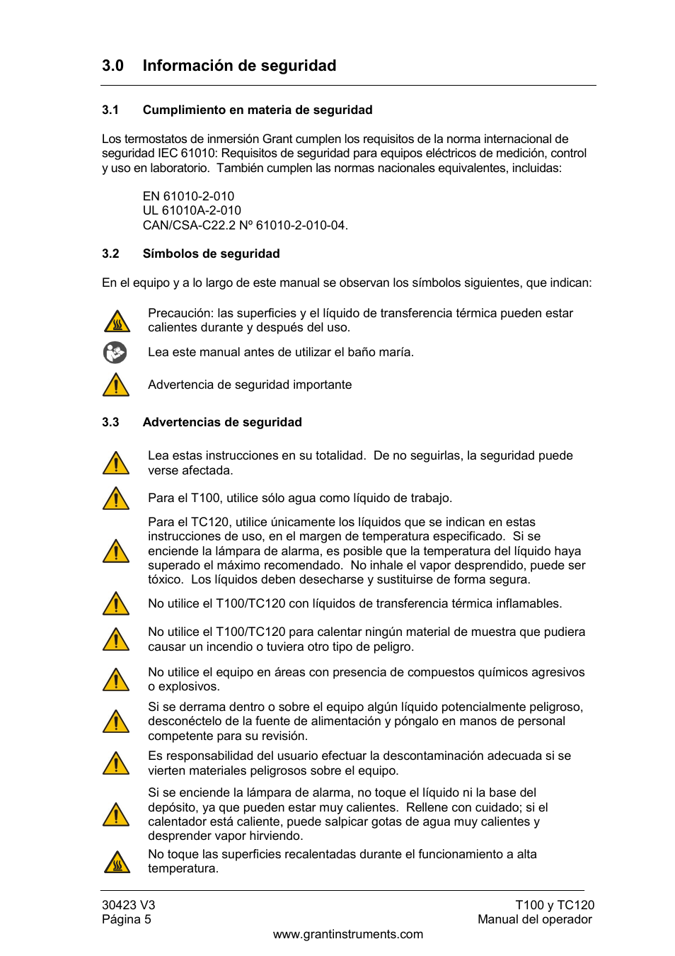 Información de seguridad, Cumplimiento en materia de seguridad, Símbolos de seguridad | Advertencias de seguridad, 0 información de seguridad | Grant Instruments TC120 Operating Manual User Manual | Page 102 / 124