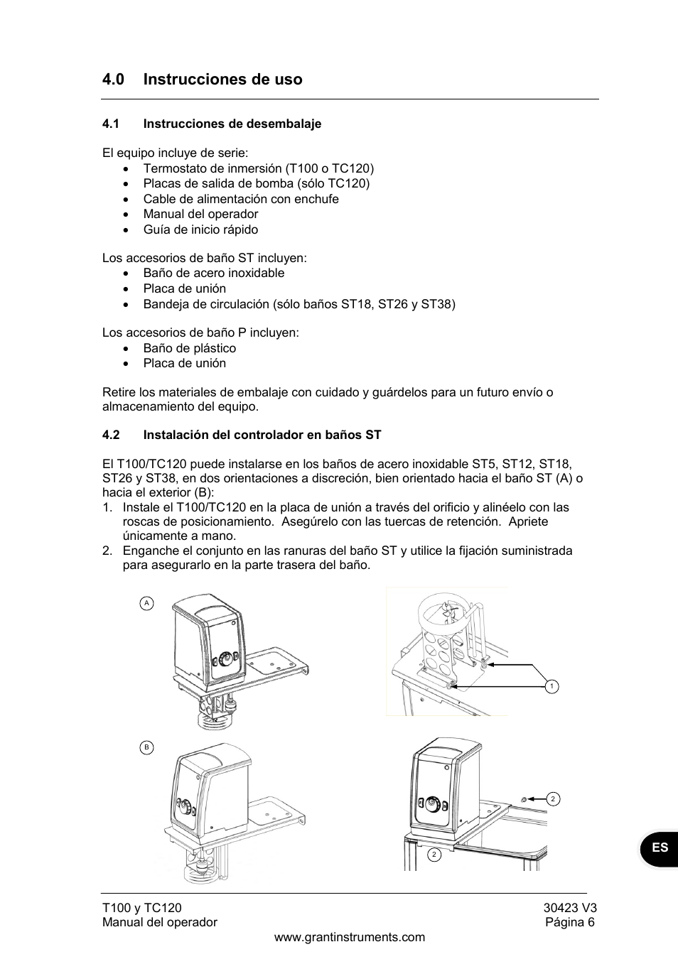 Instrucciones de uso, Instrucciones de desembalaje, Instalación del controlador en baños st | 0 instrucciones de uso | Grant Instruments TC120 Operating Manual User Manual | Page 103 / 124