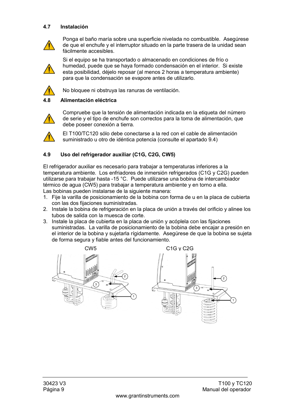 Instalación, Alimentación eléctrica, Uso del refrigerador auxiliar (c1g, c2g, cw5) | Grant Instruments TC120 Operating Manual User Manual | Page 106 / 124