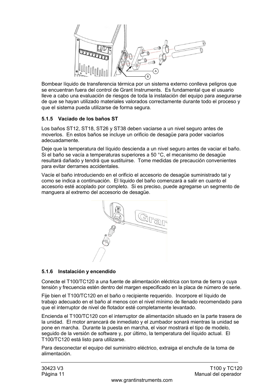 Vaciado de los baños st, Instalación y encendido | Grant Instruments TC120 Operating Manual User Manual | Page 108 / 124