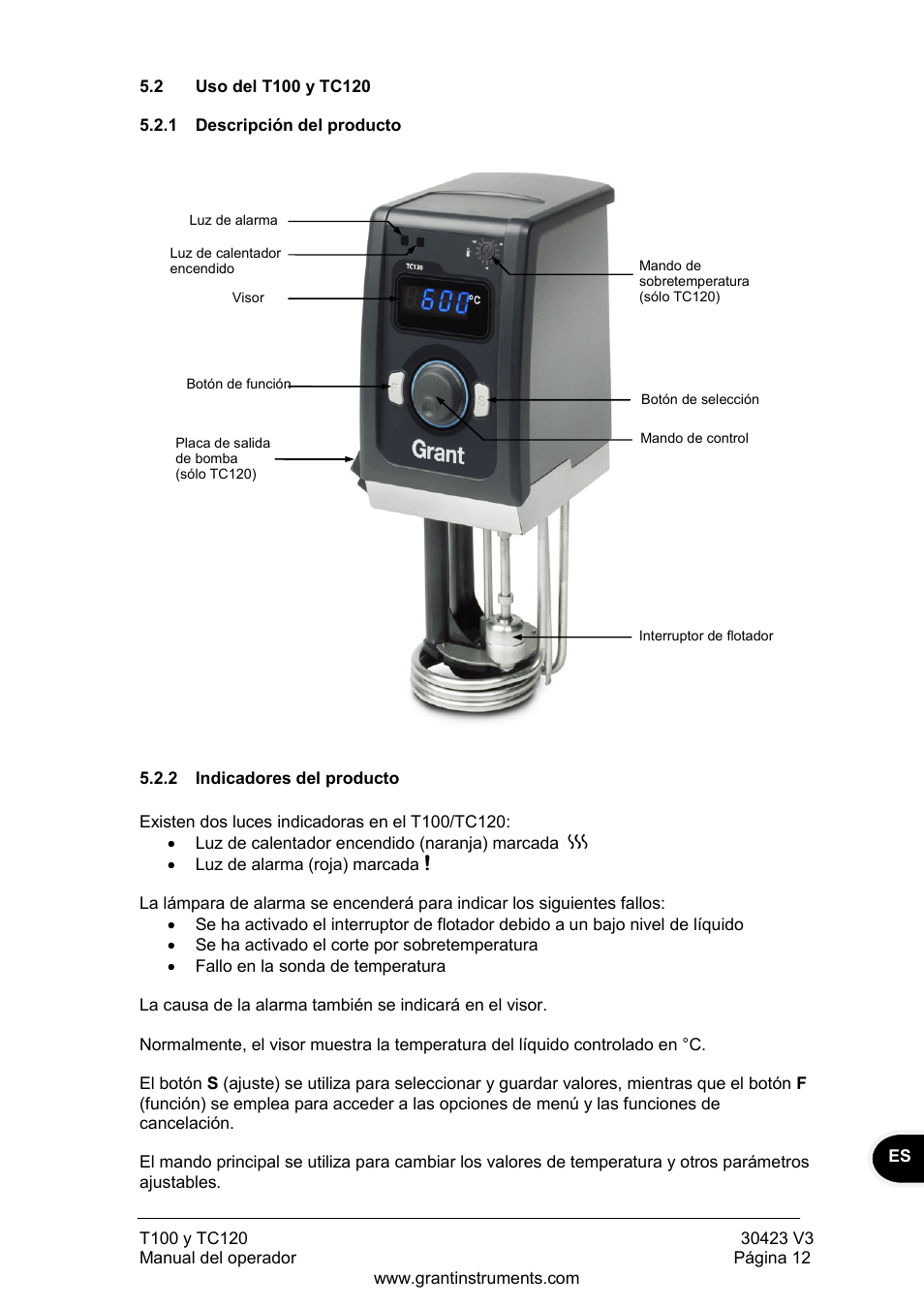 Uso del t100 y tc120, Descripción del producto, Indicadores del producto | Grant Instruments TC120 Operating Manual User Manual | Page 109 / 124