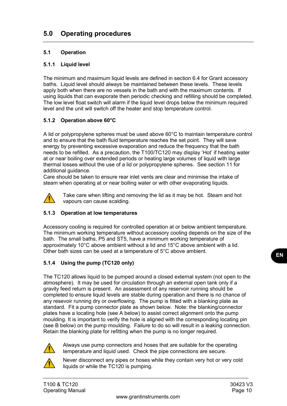 0 operating procedures, 1 operation, 1 liquid level | 2 operation above 60°c, Operation at low temperatures, Using the pump (tc120 only) | Grant Instruments TC120 Operating Manual User Manual | Page 11 / 124