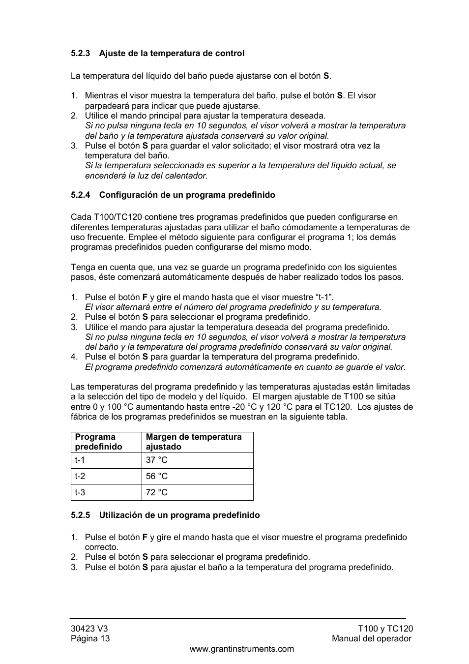 Ajuste de la temperatura de control, Configuración de un programa predefinido, Utilización de un programa predefinido | Grant Instruments TC120 Operating Manual User Manual | Page 110 / 124