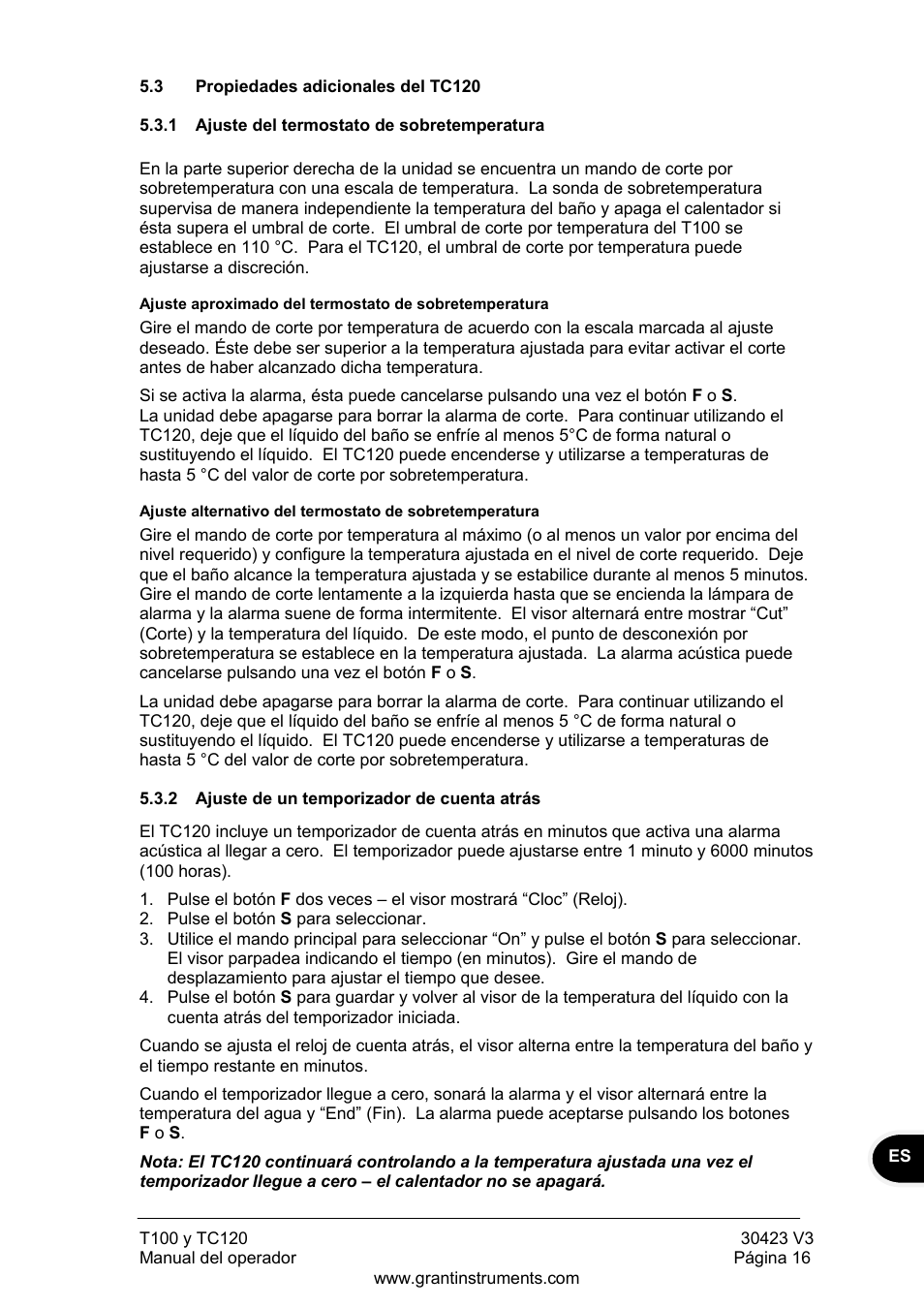 Propiedades adicionales del tc120, Ajuste del termostato de sobretemperatura, Ajuste de un temporizador de cuenta atrás | Grant Instruments TC120 Operating Manual User Manual | Page 113 / 124