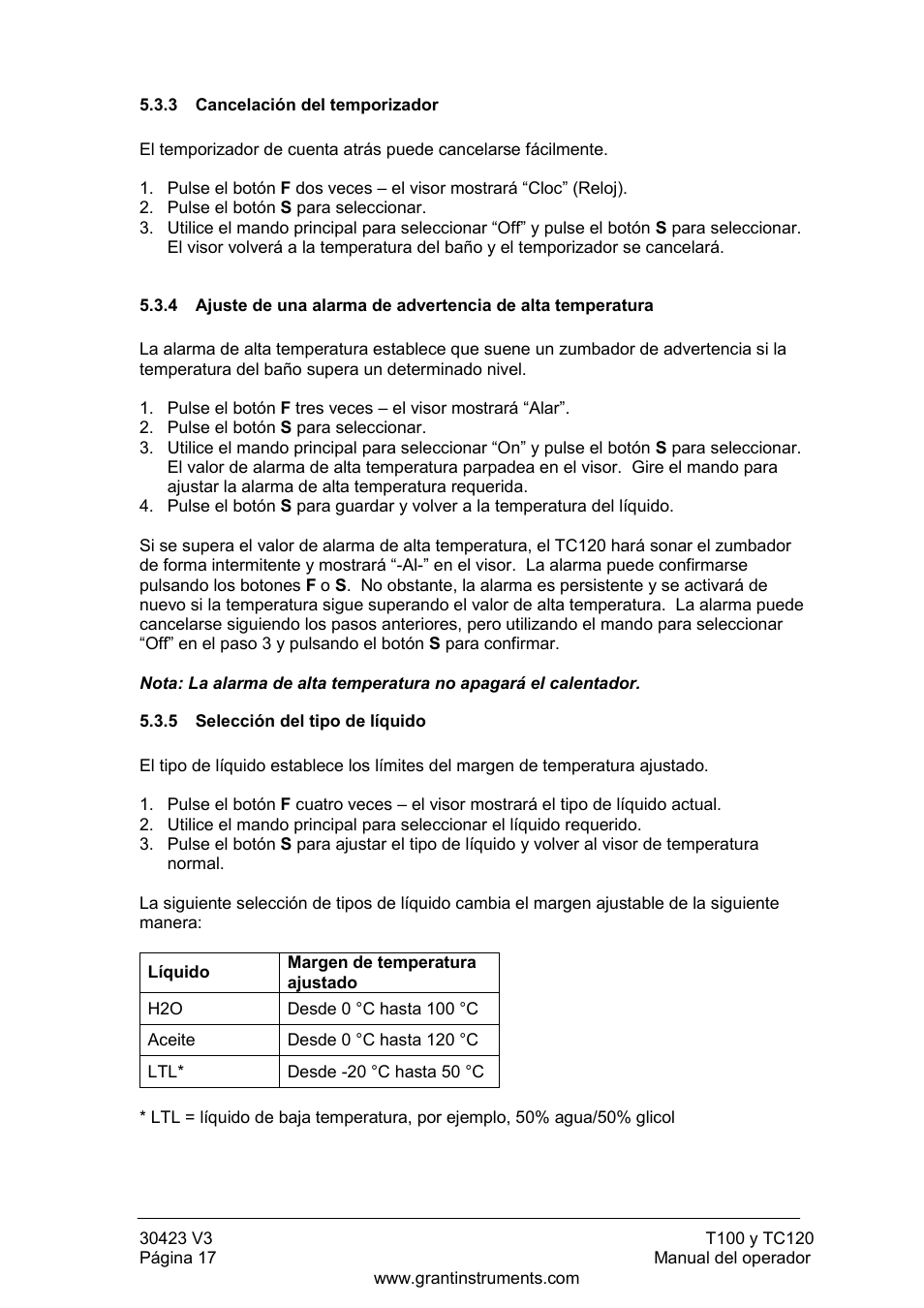 Cancelación del temporizador, Selección del tipo de líquido | Grant Instruments TC120 Operating Manual User Manual | Page 114 / 124